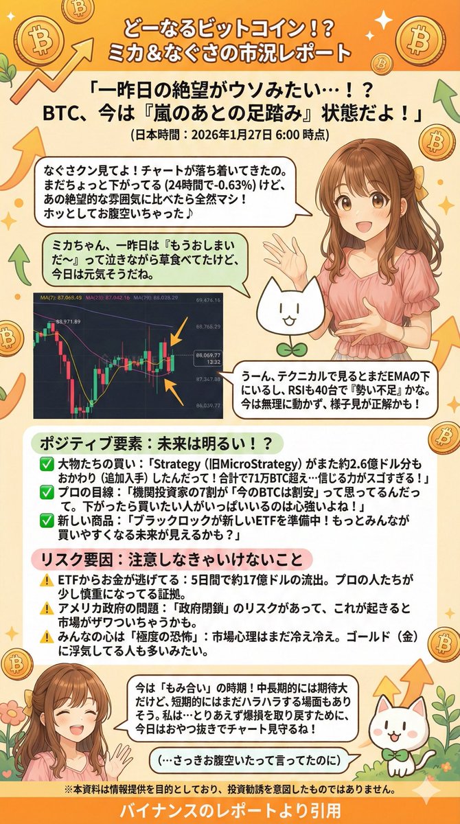 ビットコインはリバってきましたね。ちょっとホッとしました。 ビットコインの概況をGeminiに作ってもらいました。 今日の解説担当はミカさんです。  #BTC #ビットコイン #なぐさ #ミカ ↓