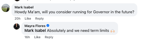 Scandal plagued TX-34 candidate/former Congresswoman Mayra Flores, facing an uphill battle against her Trump-endorsed Primary opponent <a href="/EricDFloress/">Eric D Flores</a>, openly floated a possible future run for Governor in a Facebook live video stream yesterday.
