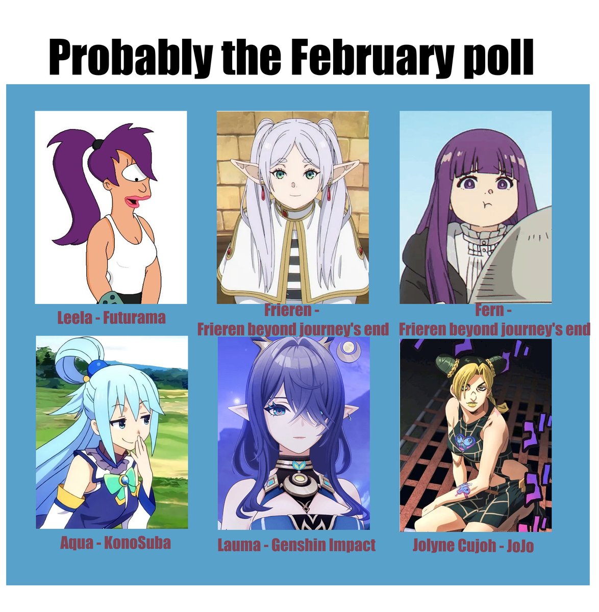 Hello, everyone! I've had electricity for a couple of hours today. The warmer the weather gets, the less strain there will be on the power grid. For now, I'm opening poll for February on my Р@Тre0№. At the same time, I'll be working on the characters of January. 😤