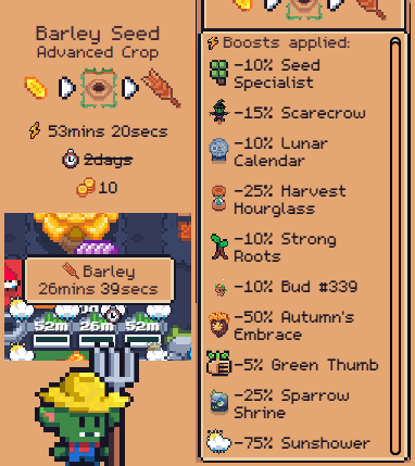 WarlordFarmer's tweet photo. UPDATE 2026 ♻️
Barley in LESS that one HOUR is doable on Autumn🍂
Yes and more, HALF HOUR
Boost aplied ❔
*Time Wrap Totem not showed on boost aplied list
Now is detailed in game (image) ⏩ 53mins 20sec
BUT with Rapid Root Fertilizer ⏩ 26mins 39sec‼️
#PawPrints #BOOST #Tips https://t.co/09P8TgzEnY