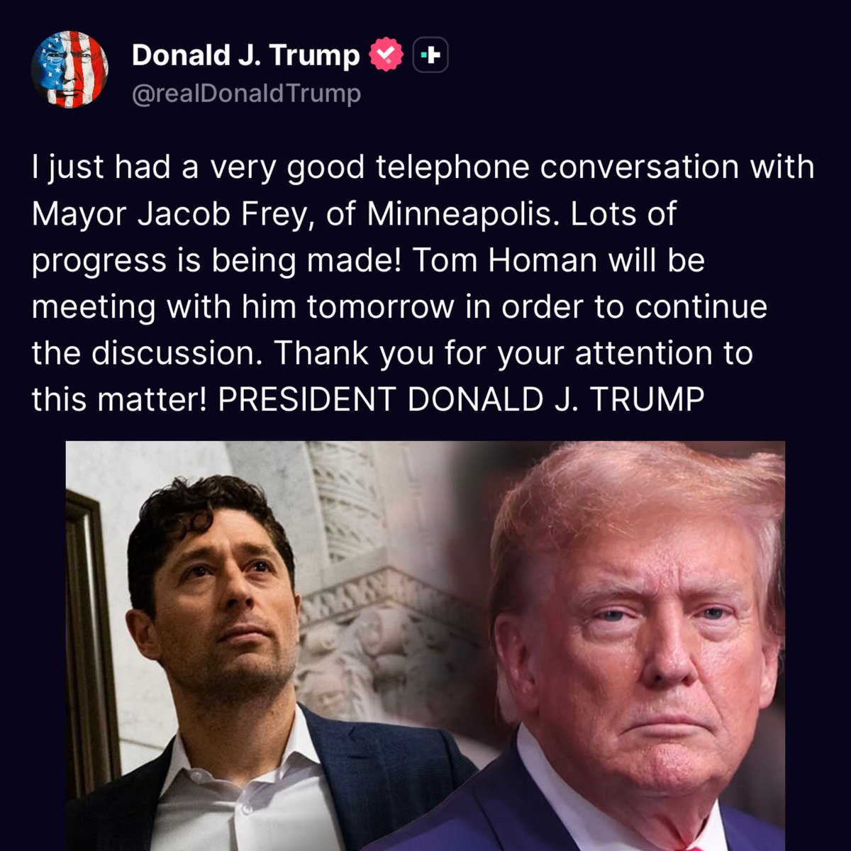 🚨 BREAKING: President Trump says he and Minneapolis Mayor Jacob Frey have spoken, and Tom Homan and Frey will be meeting TOMORROW

DO NOT CAVE, PRESIDENT TRUMP!

WE THE PEOPLE VOTED FOR MASS DEPORTATIONS!