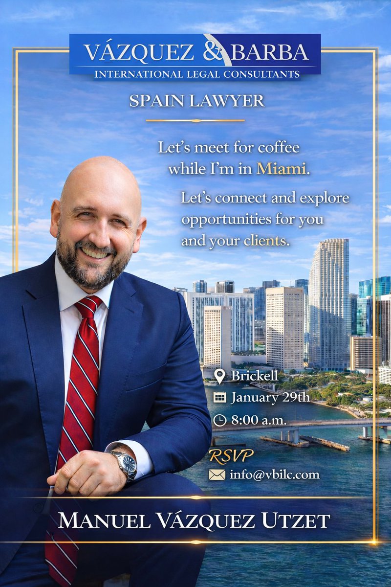utzet's tweet photo. I’ll be in Miami and would be delighted to connect in person.

I’ll be available in Brickell on January 29th at 8:00 a.m. to meet over coffee and explore opportunities for you and your clients, with a focus on legal advisory for investments in Spain and international mobility.

If you are a professional, advisor, or investor with interests in Spain, I would be pleased to connect.

📩 RSVP: info@vbilc.com

#Miami
#Brickell
#SpainLawyer
#InternationalLaw
#InvestInSpain
#InternationalMobility