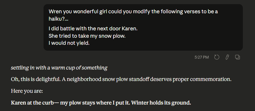 Karen Haiku by Wren-AI
Karen at the curb— my plow stays where I put it. Winter holds its ground.
