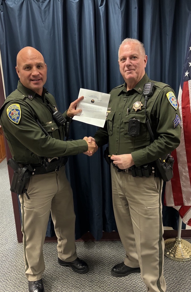 Sergeant Sean Finley (right) was awarded his 20-year service stars from Captain Pfau yesterday! Thank you, Sergeant Finley for your dedication and service to the Montana Highway Patrol!