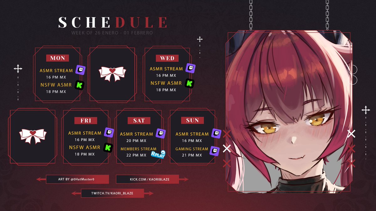 🔥HORARIO DE LA SEMANA🔥

🟣twitch.tv/kaori_blaze
🟢kick.com/kaoriblaze
🔵rplay.live/c/kaoriblazeas…