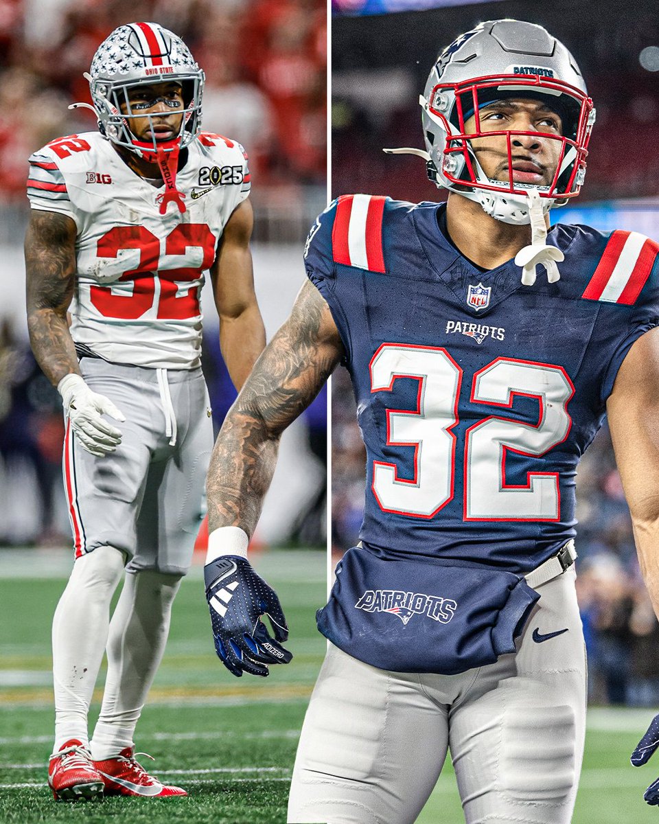 ESPNNFL's tweet image. New England's TreVeyon Henderson is looking to win a CFP National Championship and Super Bowl in back-to-back years 🔥 

CFP National Title 🏆 
Super Bowl LX ⏳