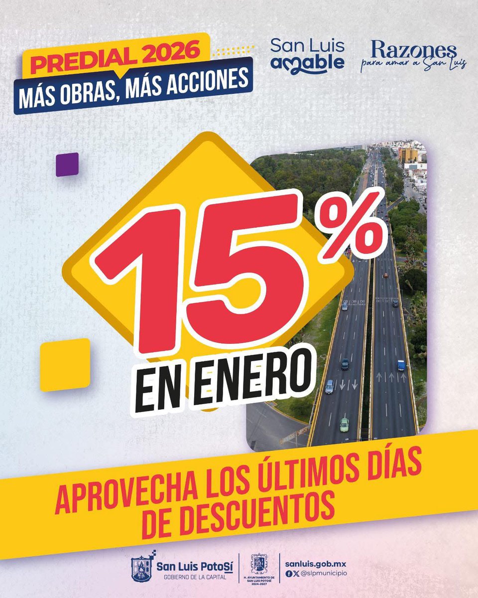 🧾 Aprovechen los últimos días de descuento del 15 % en el pago del predial. Recuerden que sus contribuciones nos ayudan a realizar más obras para mejorar nuestra ciudad.