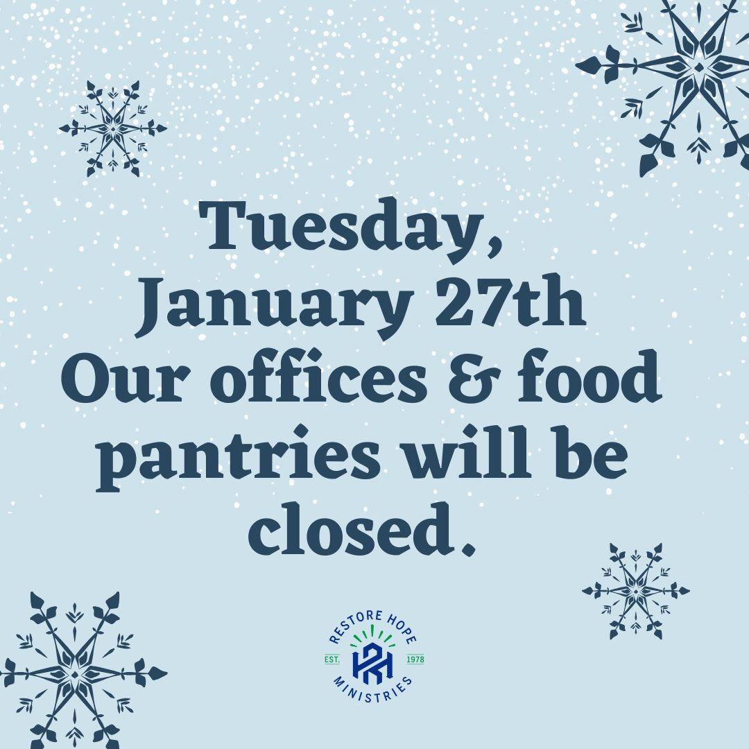 RHMTulsa's tweet photo. Our office and food pantries will remain closed tomorrow, Tuesday, January 27th due to the inclement weather. Phones are not being monitored or answered during this time. https://t.co/fQxru8JI8q