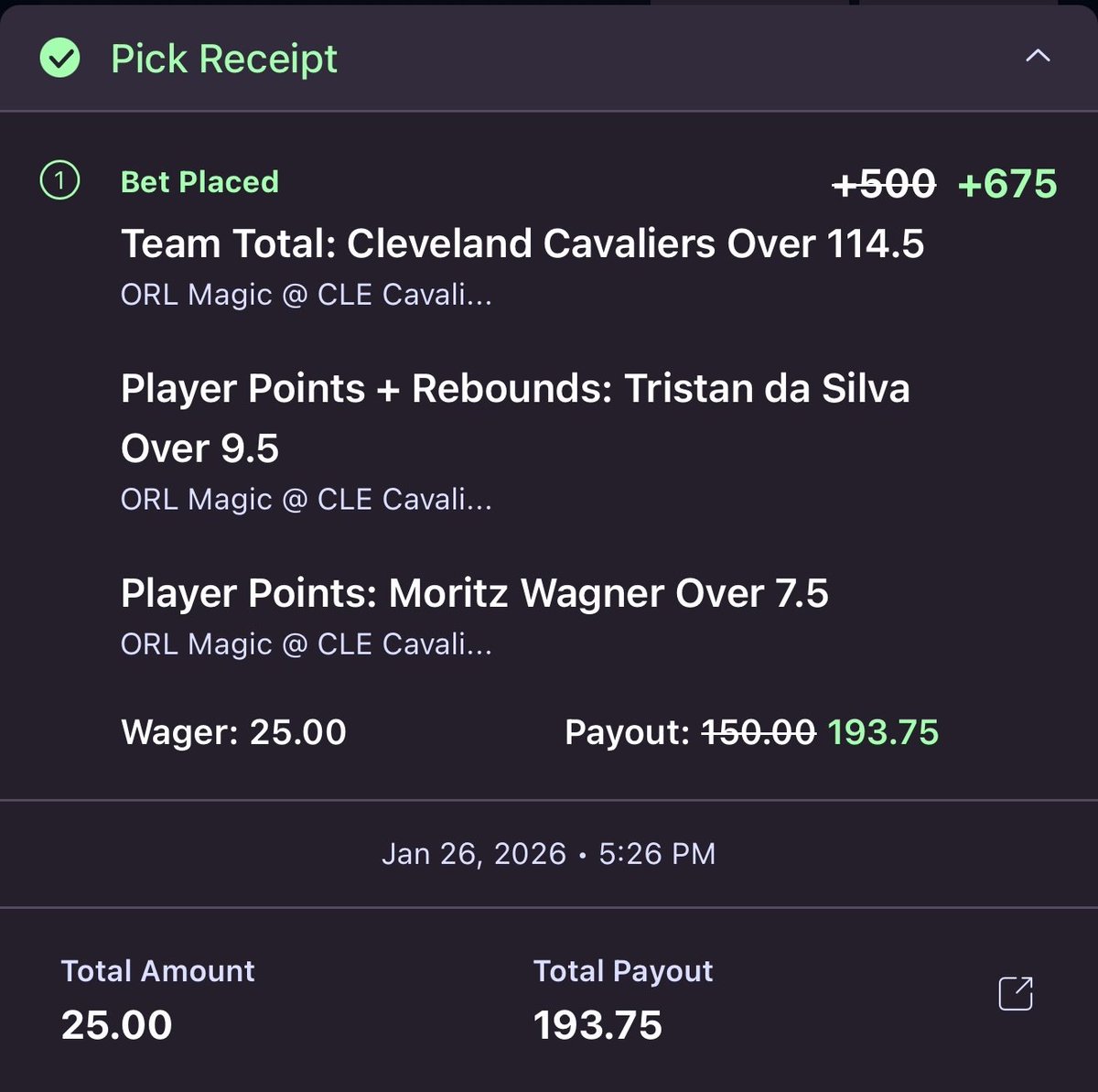 flohridy's tweet photo. NBA : #Magics X #Cavs Card:
Cleveland Cavaliers team total over 114.5 points prop leverages their explosive home offense against the Magic's middling defense, averaging 118.2 PPG lately to sail past this mark in six of eight recent games. Tristan da Silva points + rebounds over 9.5 prop spotlights the rookie's dual-threat impact, blending 6.2 PPG and 4.6 RPG for a 10.8 combined average that's cleared this line in four of his last six outings. Moritz Wagner points over 7.5 prop banks on his fiery bench role for Orlando, where he's erupted for 8.4 PPG this season and topped eight points in five of seven matchups versus Central Division rivals. #NBA @OnyxOdds