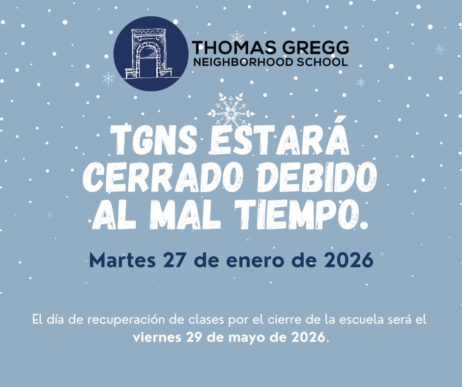 TGNS Families, we will be CLOSED tomorrow (Tuesday, January 27).  Enjoy the Snow Day and stay safe!

Make up day for the school closure will be Friday, May 29.