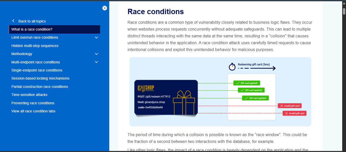 StellaObatoye's tweet photo. Day 26

I learnt about Race Conditions on @PortSwigger.

#OneCybersecurityThingADay https://t.co/NOqjoAkaQA