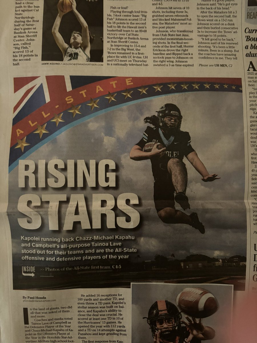 ChazzKapahu3's tweet photo. I am truly blessed to be the first Kapolei player to be named the all-state offensive player of the year. All-state first team running back.@CoachKern_ @coachKastens @CoachTimmyChang @DHill39 @CoachJMont @CoachAArceneaux @BroncoSportsFB @Coach_SD @weberstatefb @CoachMastroWSU https://t.co/drGYr1QUEf