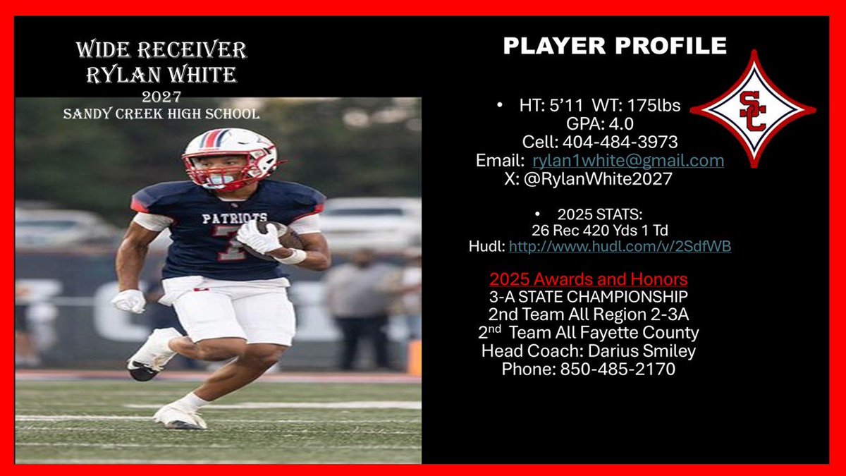 SCHSPatriots's tweet photo. Rylan White, Wide Receiver 
@RylanWhite2027 
Class of 2027
📏 5’9”
⚖️ 170
📚 4.0
Hudl
https://t.co/23RztcrH7j https://t.co/EHXteb4B8H