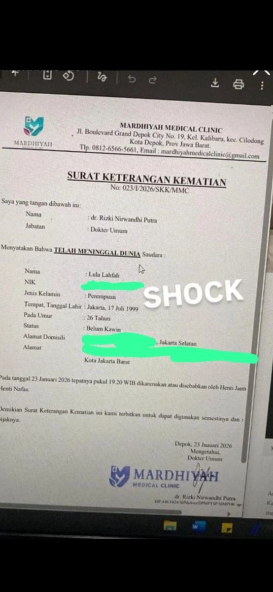 aprilcxt's tweet photo. Masih paling bingung sama ini surat, ini gamau dituntut aja apa mardhiyah clinic ini? Lula kan dibawa ke RS Fatmawati, kok surat keterangan kematiannya Mardhiyah Clinic Depok(?) 

Harus dicari sih ini kalo emang bukan permintaan keluarga Lula ini surat(?) https://t.co/5Ztt0mPypq