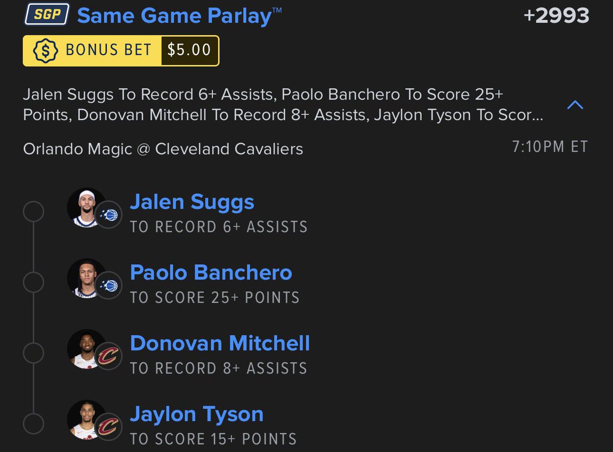_PropDoctor's tweet image. Magic vs Cavs #SGP 

• Jalen Suggs +6 assists

• Paolo Banchero +25 points

• Donovan Mitchell +8 assists 

• Jaylon Tyson +15 points

#GamblingX #NBA #NBABets