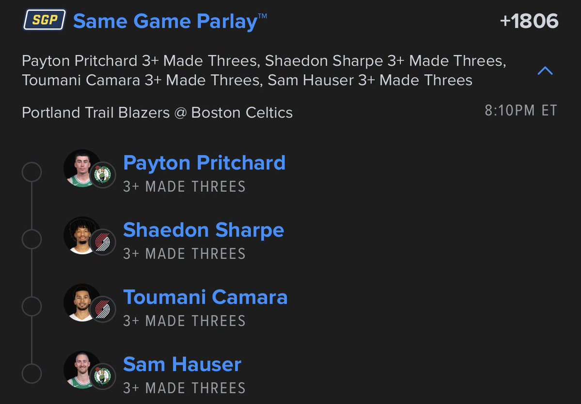 _PropDoctor's tweet image. #SGP 3s Lotto 💥

• Payton Pritchard +3

• Shaedon Sharpe +3

• Toumani Camara +3

• Sam Hauser +3

#GamblingX #NBA #NBABets