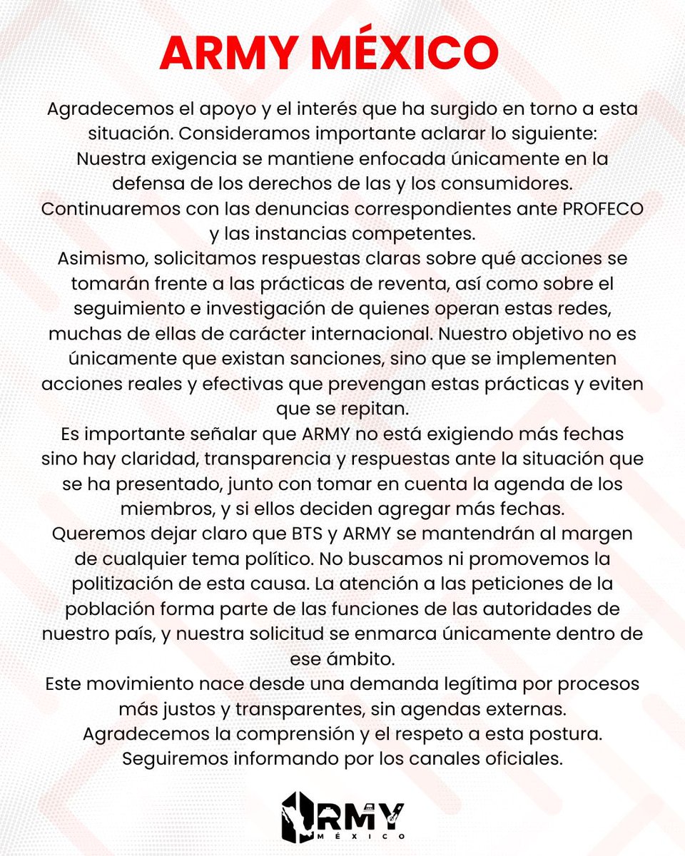 ARMY 💜 seguimos apoyando con todo el comeback ARIRANG y próximos proyectos sin dejar de exigir transparencia.
Compartimos un último comunicado y nuestra postura.
Denuncia: 📩conciertos@profeco.gob.mx
NO A LA REVENTA ‼️

#ArmyContraLaReventa
#BTS_ARIRANG
#BTS_WORLDTOUR_MEXICOCITY