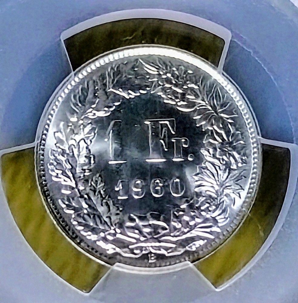 第二回古銭ラボでの入手品その② 1960年スイス1フラン銀貨 PCGSMS66 デザインと状態が気に入りこちらも東京ライトコインにて購入