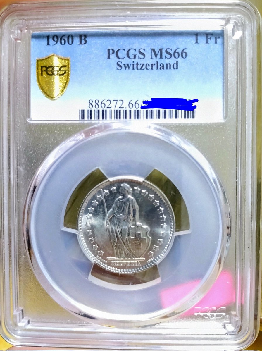 第二回古銭ラボでの入手品その② 1960年スイス1フラン銀貨 PCGSMS66 デザインと状態が気に入りこちらも東京ライトコインにて購入