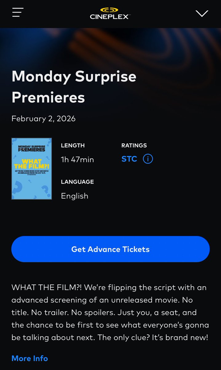 北米の映画館Cineplex ではまたに観るまで作品が分からないお楽しみ上映会がある。通常より安く公開前の映画が見られるので客側もお得でワクワクするし、少ない月曜日を狙うので映画館側も集客になる。試写もいいけどこういうのも話題になりそう。

ちなみに前回の作品は「マーシーAI裁判」でした！