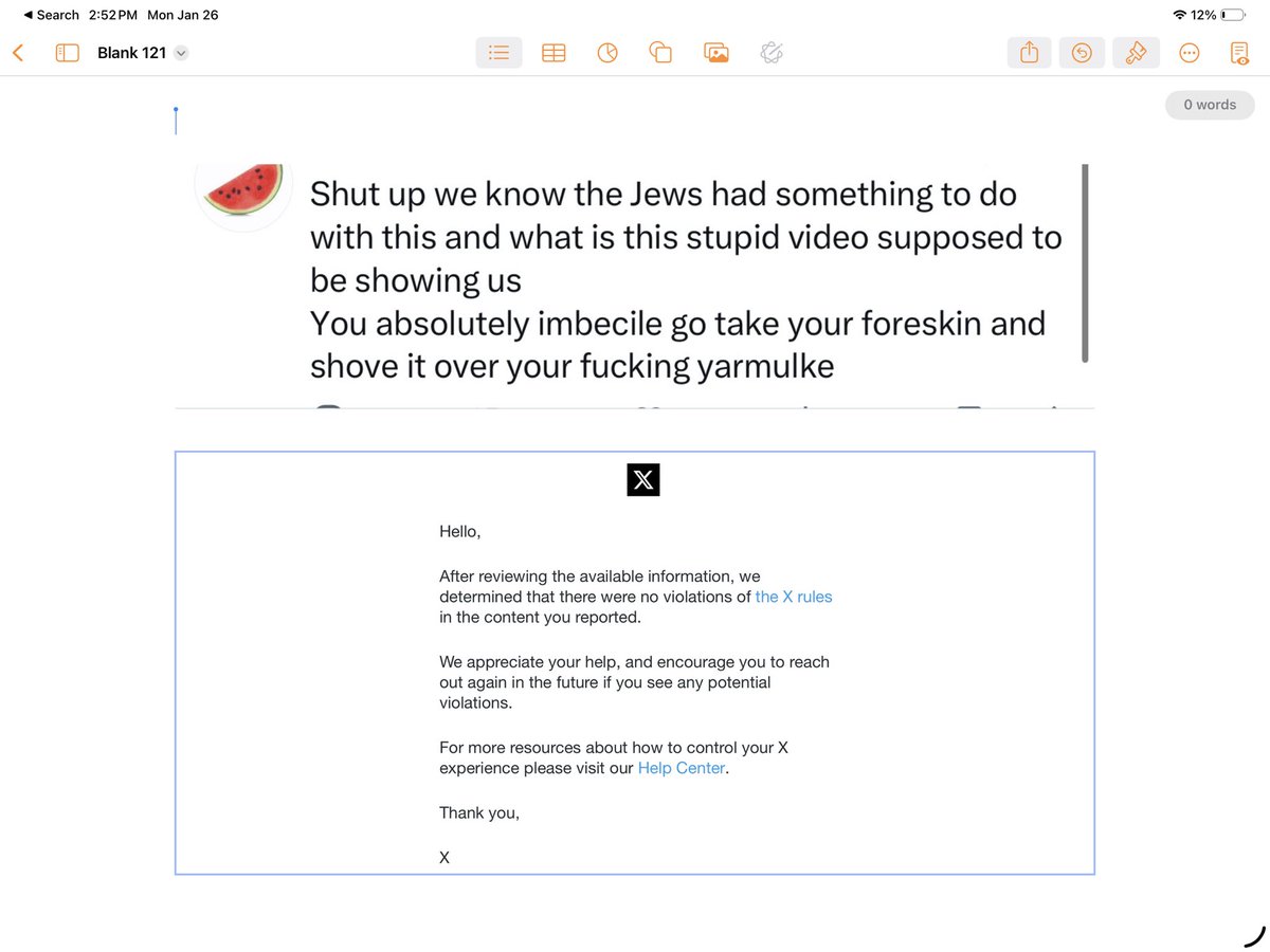 The attached was written on my feed as a response to a post about a flight accident.  I reported the post to X.  You can see the response.

#antisemitism
#judaism
#hatespeech