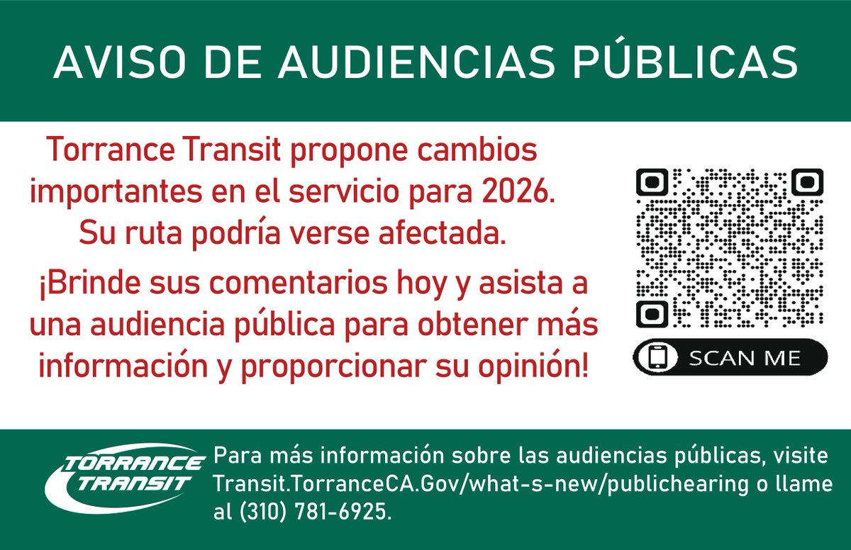 Torrance Transit propone importantes cambios en el servicio que comenzarían en 2026.
Complete nuestra encuesta antes del 27 de febrero de 2026 para tener la oportunidad de ganar una tarjeta de regalo de $100.
Enlace a la encuesta:
 forms.gle/Z3MFZnHUEa2NhS…
