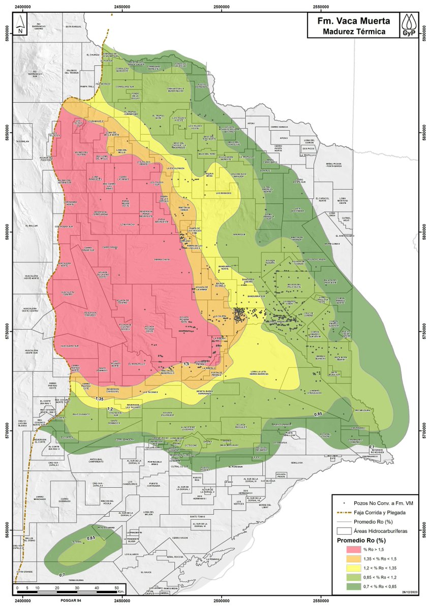 🛢️🇦🇷 VACA MUERTA NO ES TODA IGUAL
📍 Mapa de madurez térmica (Ro%) – Formación Vaca Muerta
(Ministerio de Energia y Recursos Naturales de Neuquen)

Este mapa no está para hacer este post más aesthetic.
Es, literalmente, el manual de instrucciones de la producción no convencional