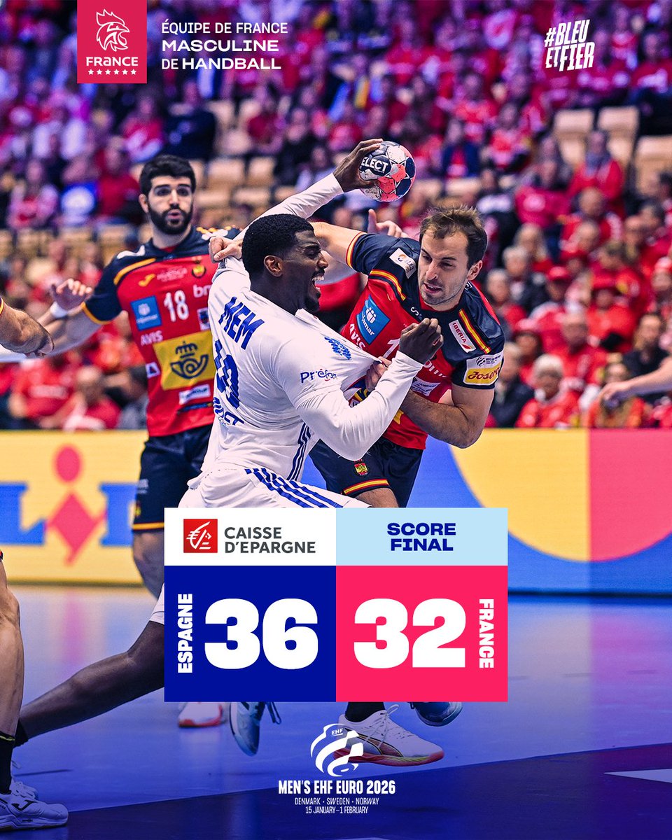 FIN DU MATCH 🇪🇸🇫🇷
C'est terminé, les BLEUS s'inclinent face à l'Espagne.
La course à la 1/2 finale n'est pas encore terminée mais elle dépendra des autres résultats du groupe 1.
Il faut garder espoir et tout donner mercredi face aux Allemands.
