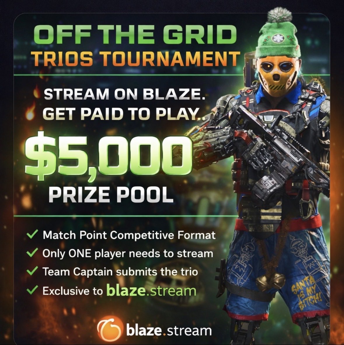 Serious OTG players, this is for you. 🎯

Match Point Trios Tournament — $5,000 Prize Pool 💰

• Stream on blaze.stream 🎥
• Only 1 player per team needs to stream 👤
• Captain registers the trio 📝

This will be sweaty. 🔥 DM me ASAP if you are interested Zero! 🫡
