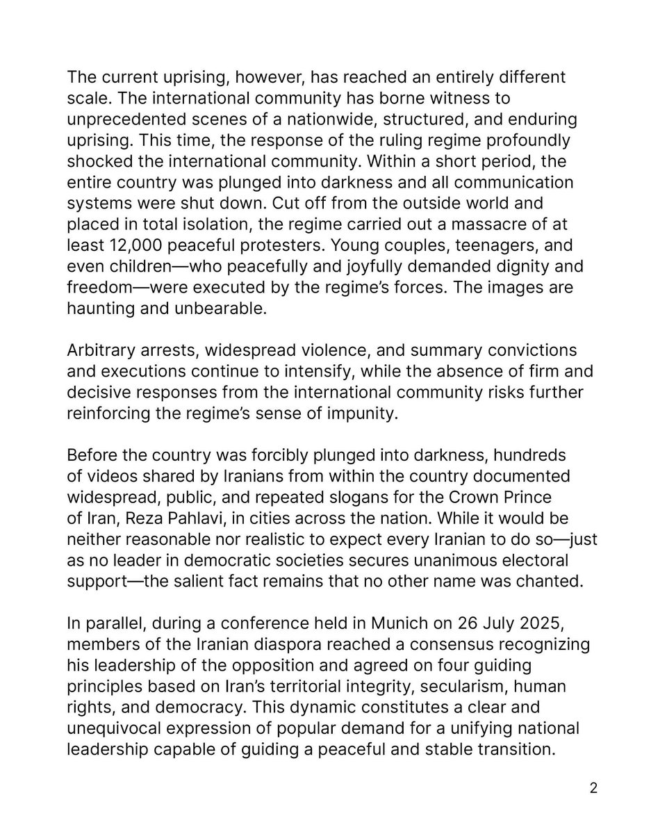 PahlaviComms's tweet photo. A letter of 260 professionals urging political recognition of Prince Reza Pahlavi as the legitimate representative of the unifying leader of the Iranian democratic opposition, an end to engagement with the Islamic Republic, IRGC terrorist designation, and firm diplomatic action. https://t.co/UZ7WWQYKh0