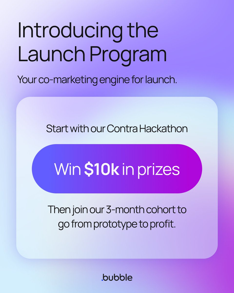 bubble's tweet photo. If anyone thinks your idea deserves paying customers, it's us.

Kick things off with our @contra hackathon, then join our Launch Program for the structure, support, and co-marketing to turn your prototype into paying customers. Both links below. https://t.co/Aj7NPgIQjD