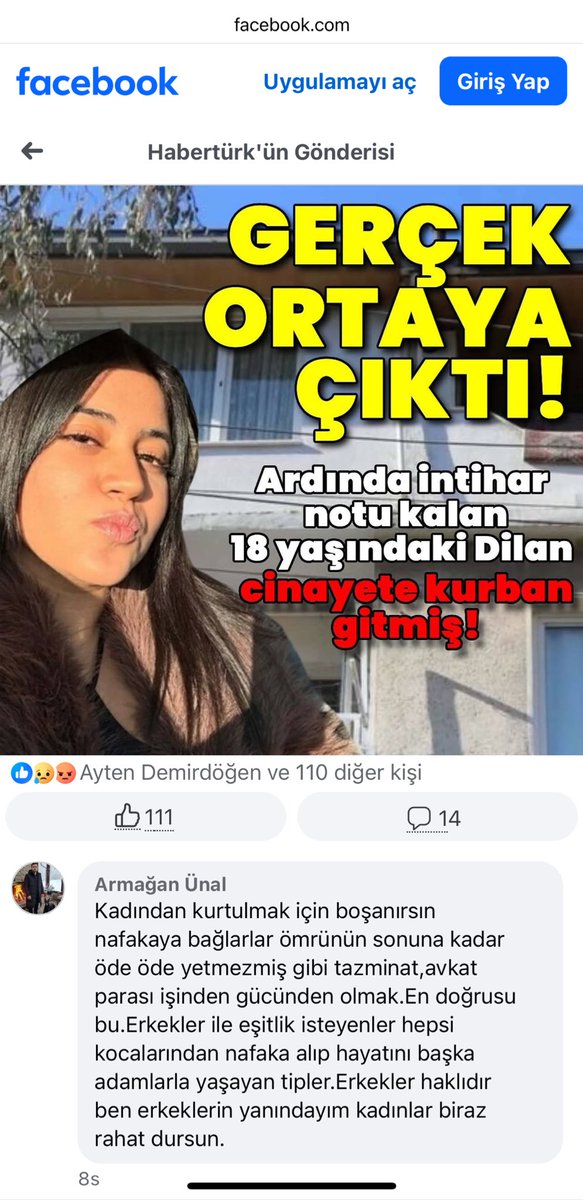 18 yaşındaki bir genç kadının intihar süsü verilek katledilmesi ile alakalı facebook’ta yapılan yorum;