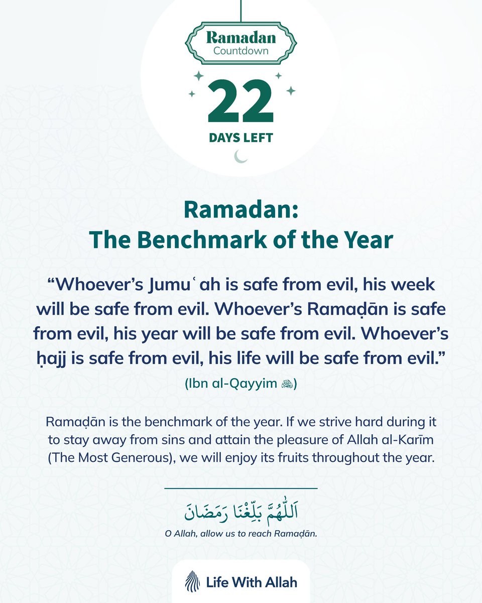 alifewithallah's tweet image. ⏰️ #RamadanCountdown - 22 Days Left

Ramadan: The Benchmark of the Year

اَللّٰهُمَّ بَلِّغْنَا رَمَضَانَ 
O Allah, allow us to reach Ramaḍān