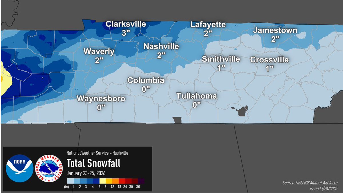 middletennwx's tweet photo. Snow and ice totals from around the area from NWS Nashville. https://t.co/1BZ0rWbIrd