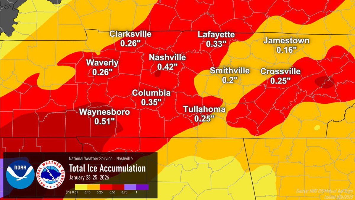 middletennwx's tweet photo. Snow and ice totals from around the area from NWS Nashville. https://t.co/1BZ0rWbIrd