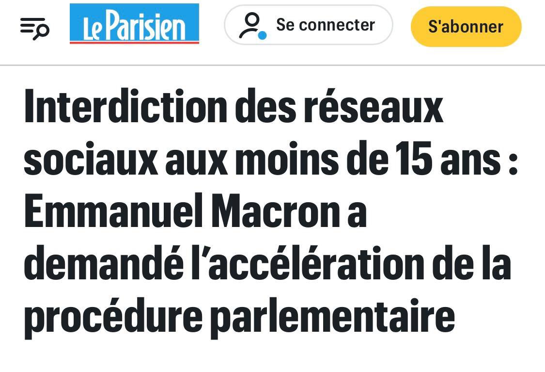 Sous prétexte de protection des mineurs, le président Macron veut interdire les réseaux sociaux aux moins de 15 ans.

Cette interdiction :
👉🏻 n’empêchera pas la fraude,
👉🏻 imposera une vérification d’âge à TOUS les utilisateurs,
👉🏻 entraînera par la suite une identification