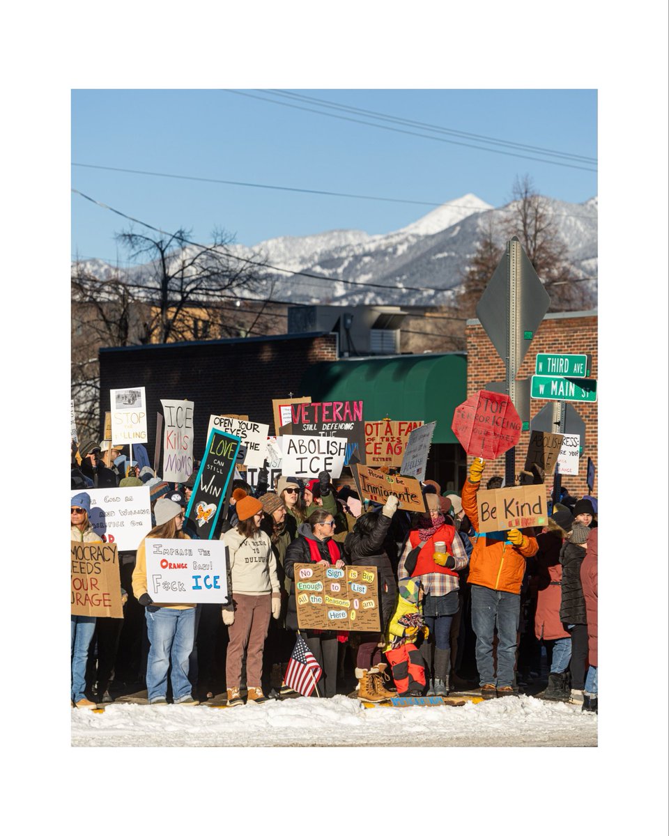 May our eyesight and intuition dismantle the stories we’re sold.

Bozeman, MT joined more than 70 cities across the United States, taking to the streets in anti-ICE protests after the murders of Renée Good and Alex Pretti by federal agents in Minneapolis. 

#Minneapolis #Bozeman