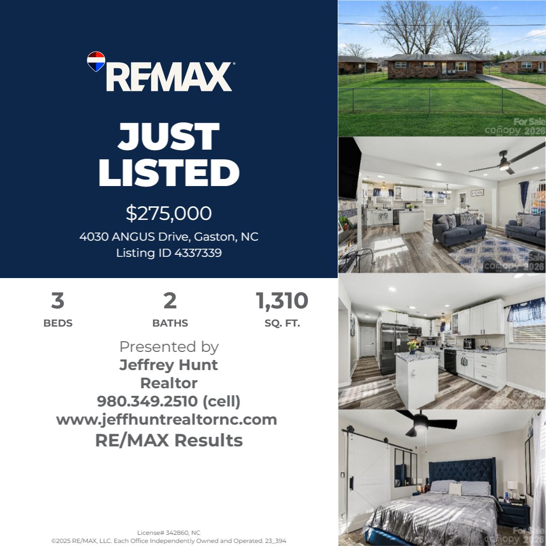 JeffHTheRealtor's tweet photo. 🏡 JUST LISTED | Gastonia, NC
4030 Angus Dr • $275K
3🛏️ | 2🛁 | 1,310 SF

Updated, move-in ready home with an open layout &amp; modern kitchen. Perfect for first-time buyers or investors.
📲 Jeffrey Hunt, REALTOR® | RE/MAX Results
#JustListed #GastoniaNC #NCHomes #RealEstate #REMAX https://t.co/7TzeneK98c