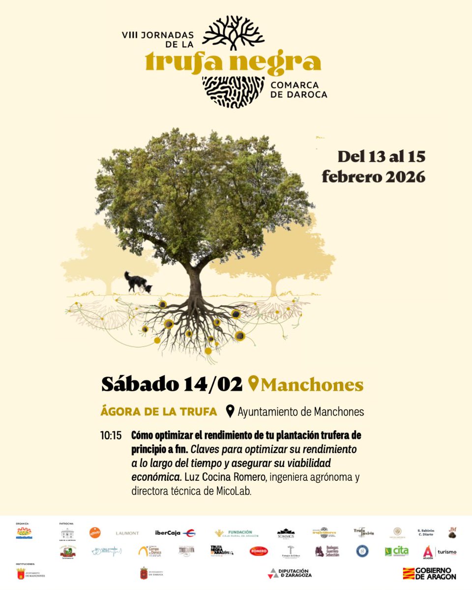 Luz Cocina de MicoLab estará impartiendo una interesantísima conferencia sobre optimización de producción en plantaciones y cómo aumentar su longevidad en la Feria de la Trufa de Daroca el sábado 14 de febrero de 2026.

Entrada libre, no precisa inscripción.