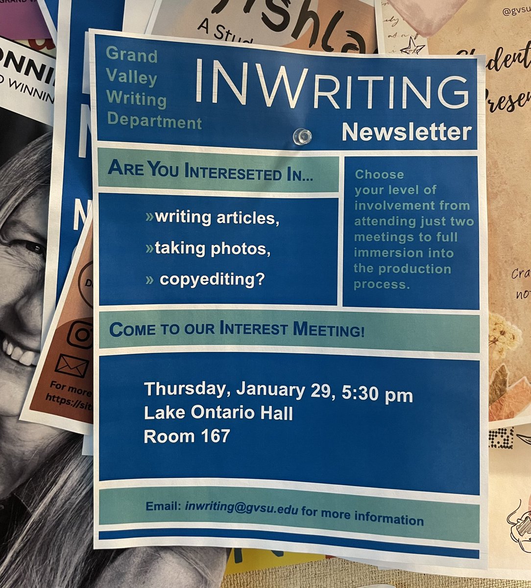 Hey writers: interested in working on InWriting? Come to the interest meeting on Thursday evening, January 29 at 5:30pm in LOH 167. Or email the editors for information. 
#gvsu #gvsuwriting #inwriting #comewritewithus
