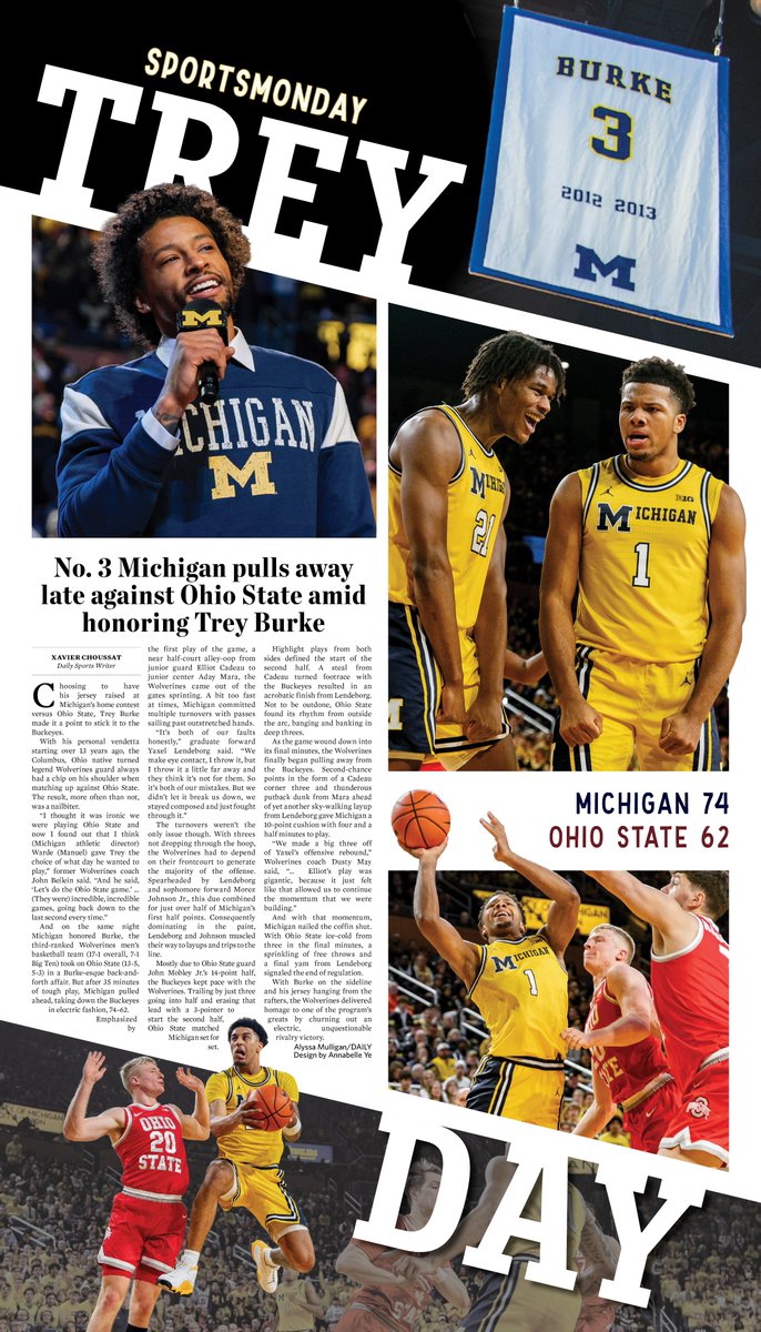 theblockm's tweet photo. During a night honoring legend Wolverine guard Trey Burke, @umichbball scored an unquestionable victory against @OhioStateHoops in the rivalry matchup.

This week’s #SportsMonday cover: Trey Day. https://t.co/MBnQaFb7hr