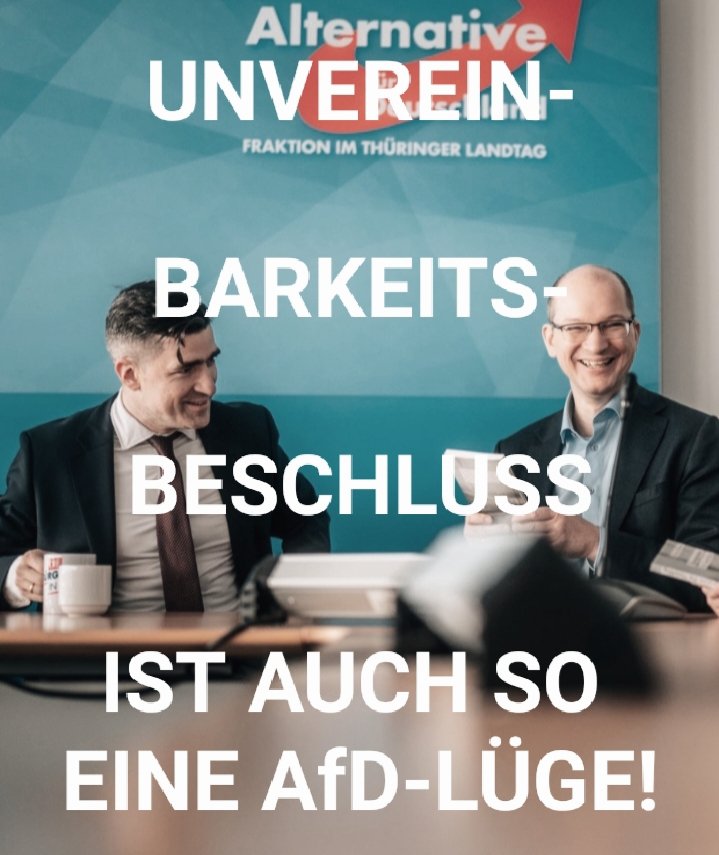 AfD = PARTEI DER LÜGE &amp; DESINFORMATION ‼️
AfD &amp; "Identitäre Bewegung" sind laut AfD unvereinbar!?
GLATTE LÜGE!
#Sellner war heute Gast der AfD
IM LANDTAG von Thüringen!
Auch MdB Möller+Teske waren dabei.
AfD BELÜGT IHRE EIGENE KLIENTEL!
#Wochenstart #Gestapo
#Start_in_die_Woche