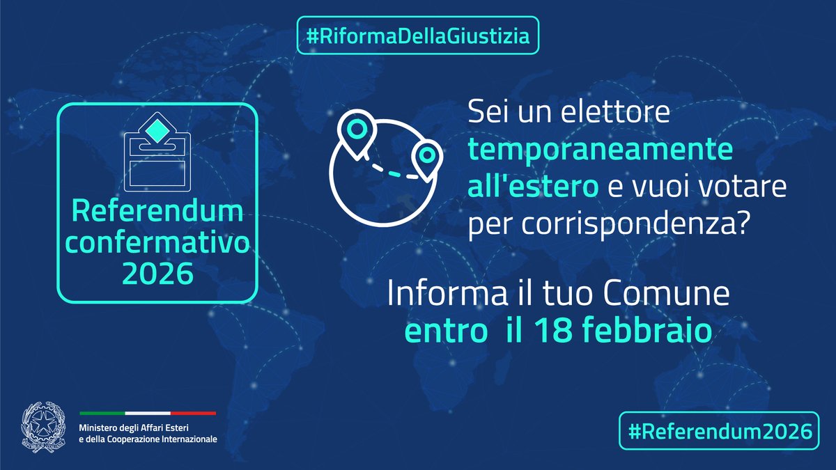 Sei un elettore temporaneamente all’estero e vuoi votare per corrispondenza?
Informa il tuo Comune entro il 18 febbraio 👇
ambquito.esteri.it/it/servizi-con…