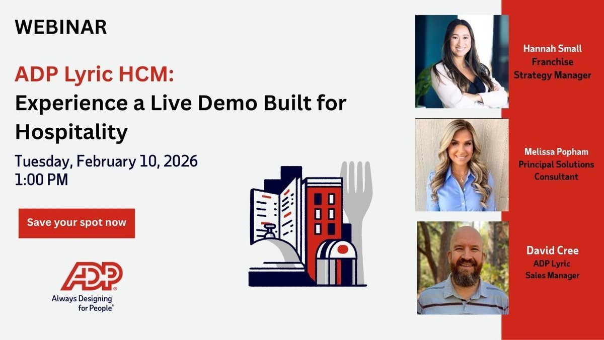 rosstami2's tweet photo. Hospitality moves fast. Your HCM should keep up.

Join us Feb 10 at 1 PM ET to see how Lyric HCM powers smarter HR for hospitality teams.

Save your spot now:
https://t.co/cuTkFIzTRu
ADPLyricHCM HCM Hosptality #ADPLyricHCM #HCM #Hosptality https://t.co/ai2AOqcD2u