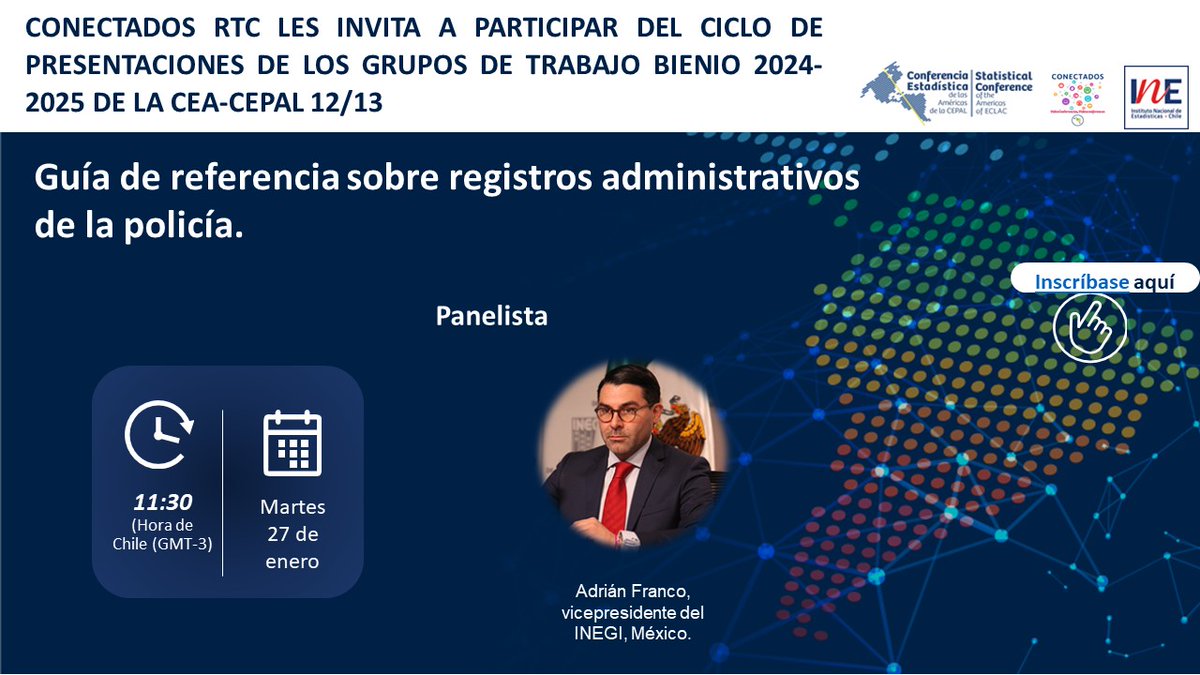 Acompáñanos a la presentación de resultados de la "Guía de referencia sobre registros administrativos de las policías en América Latina y el Caribe": buenas prácticas de 12 países <a href="/INEGI_INFORMA/">INEGI INFORMA</a> <a href="/cepal_onu/">CEPAL</a>
📅Martes 27 de enero
⌚️8:30 (hr. CDMX)
Regístrate: bit.ly/4r6J76O