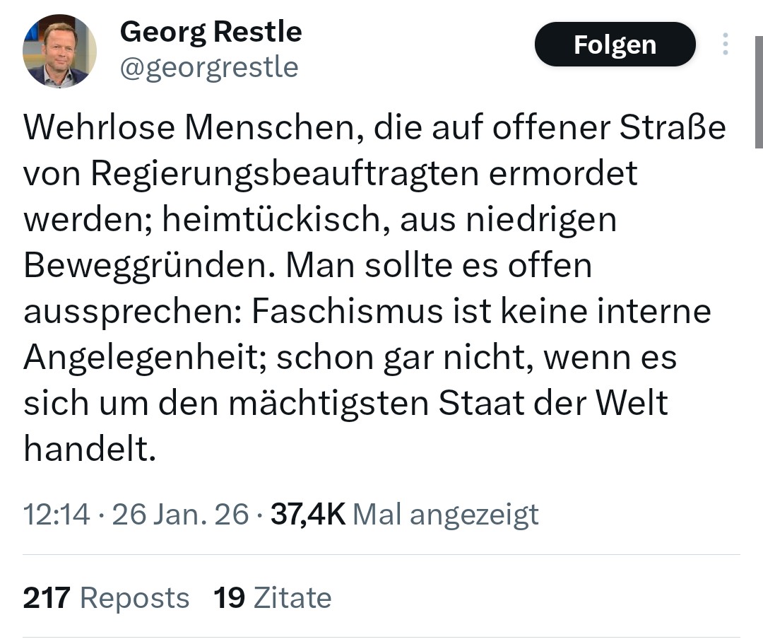 Endlich klare Worte zu den Vorgängen im Iran. Danke, <a href="/georgrestle/">Georg Restle</a>.
Aber mächtigster Staat der Welt? Naja 🤷