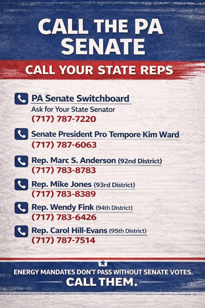 🚨URGENT in PA!
Shapiro and Swamp are ramming thru a bill to DOUBLE ur electric bill!

🚨DOUBLE by 2035 - pushed by the Shapiro administration UNLESS the PA Legislature stops them.

To all Democrats, they’re voting to DOUBLE YOUR electric bills too!

Every State Senator and State
