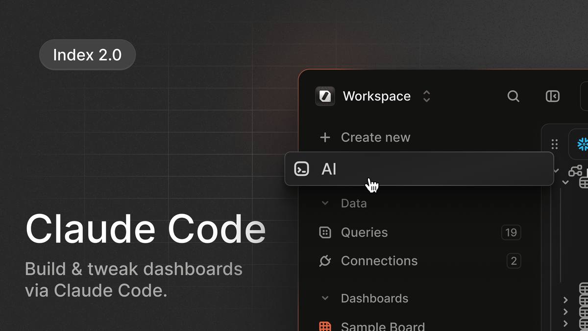 IndexBI's tweet photo. 2026 Ship Week Day Six. Today we're shipping Index + Claude Code.

Ask Claude to download a csv from your Index MRR chart. Get an answer. 

Ask Claude Code to modify your Index dashboard based on that answer. 

It works both ways. 

In early preview today. 

Book a demo if you interested!