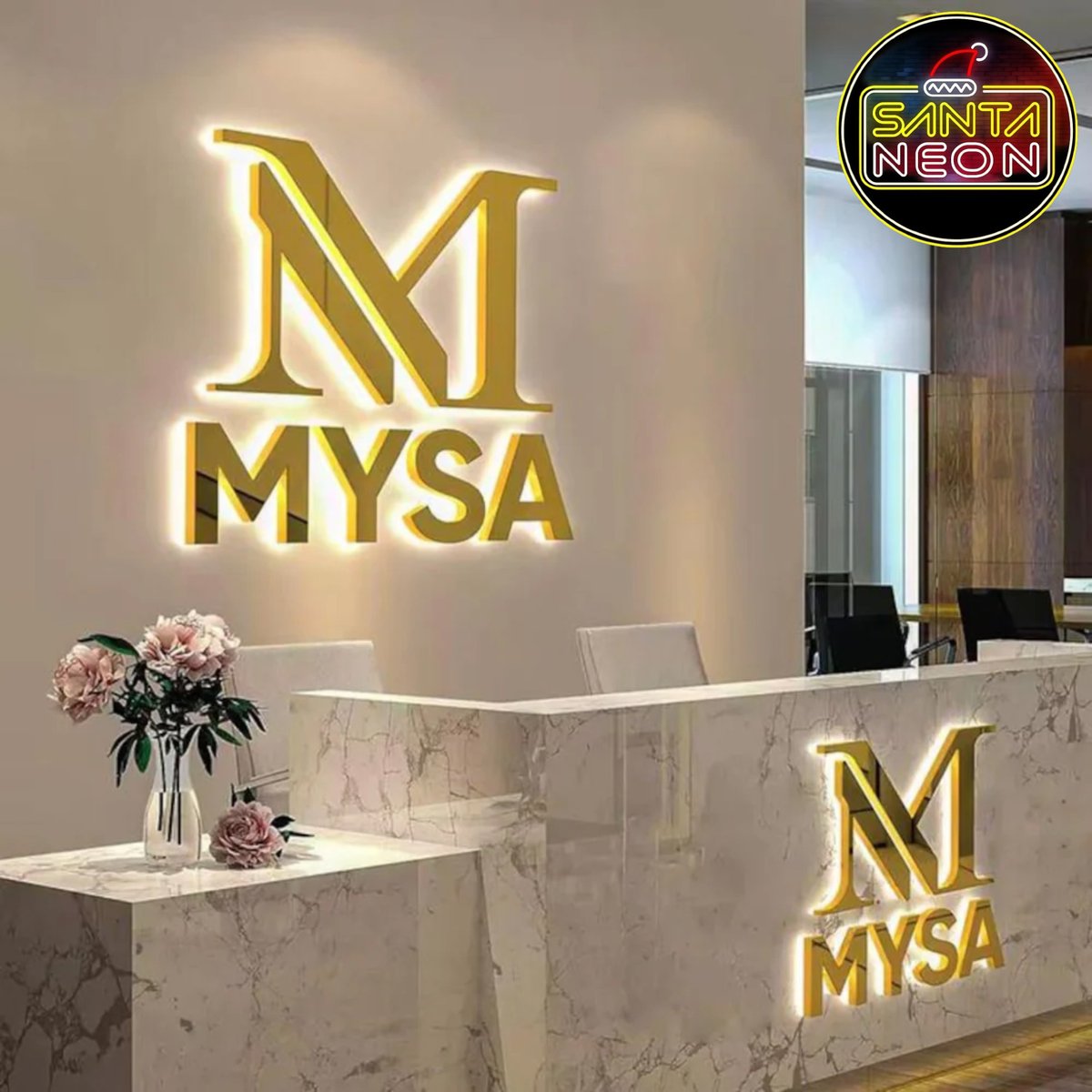 SantaNeonTech's tweet image. Modern neon sign interior showcasing custom glowing neon signage, warm ambient lighting, illuminated logo on wall, sleek reception desk, premium branding, clean minimalist space, vibrant neon colors, realistic lighting, high-detail, professional commercial interior, 4K quality.