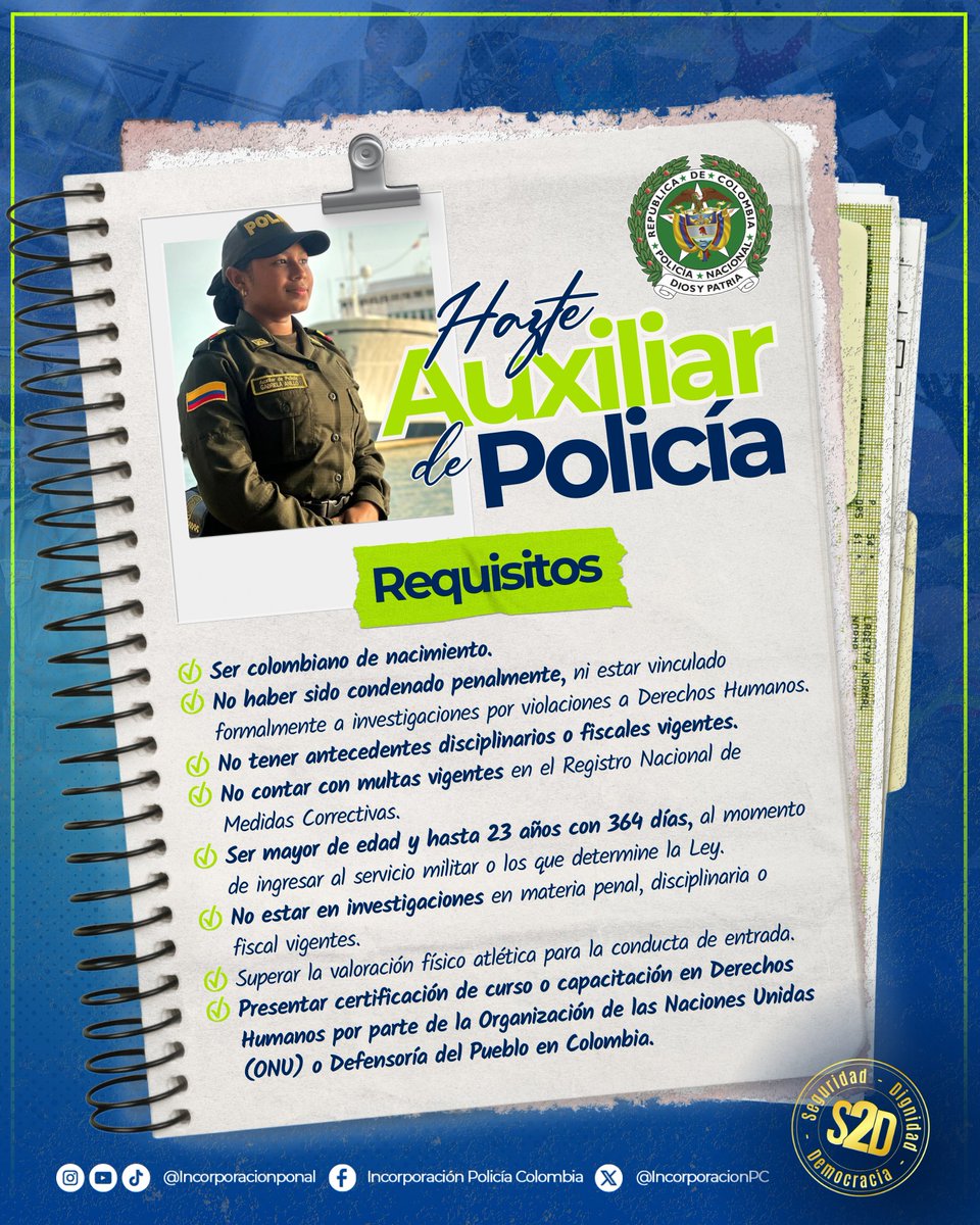 ¡𝐏𝐫𝐨𝐭𝐞𝐠𝐞 𝐚 𝐪𝐮𝐢𝐞𝐧𝐞𝐬 𝐥𝐨 𝐧𝐞𝐜𝐞𝐬𝐢𝐭𝐚𝐧! 🇨🇴

Participa en la convocatoria para Auxiliar de Policía 👮🏻‍♀️💚 y define tu situación militar mientras prestas tu servicio aportando a la seguridad y la convivencia ciudadana.

Más información en 👉policia.gov.co